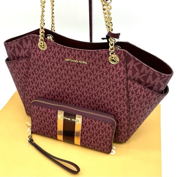 Michael Kors Large JST Chain Shoulder Bag & Large Continental Wallet Ox Blood - Picture 9 of 12